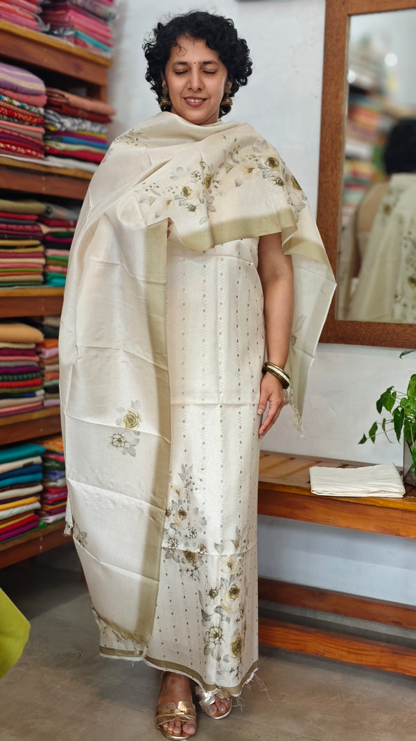 Cream and Gold Zari Woven Semi Silk Suit - D9 - CSU7