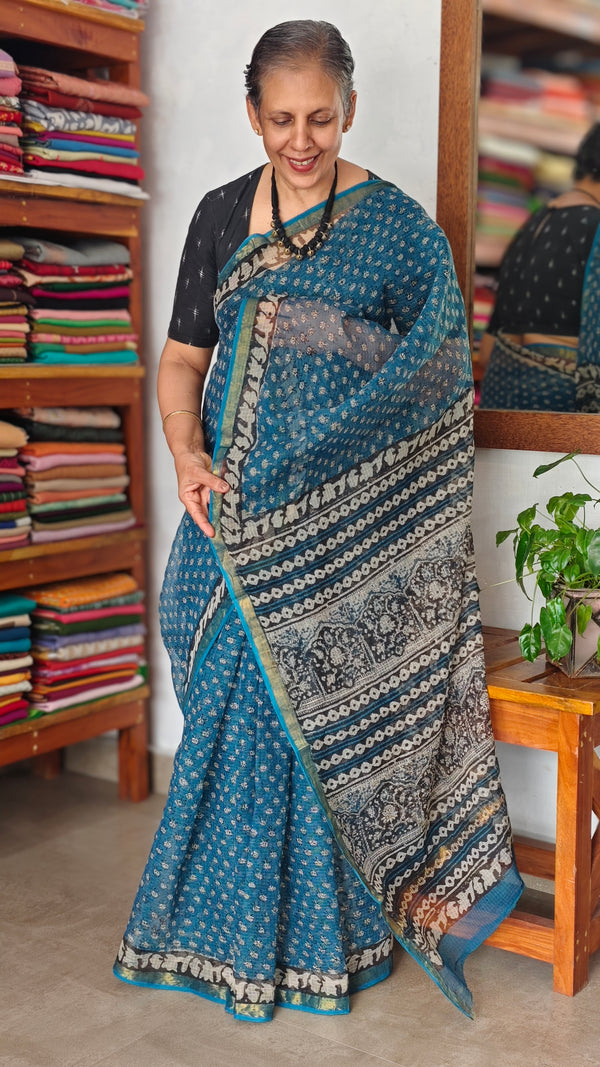 SQ39 - Blue Hand Block Printed Kota Doria Saree