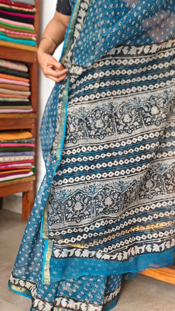 SQ39 - Blue Hand Block Printed Kota Doria Saree