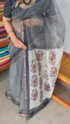 SQ39 - Black Hand Block Printed Kota Doria Saree