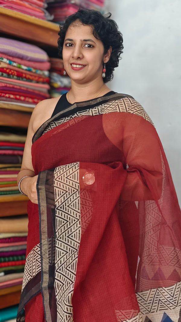 SQ39 - Maroon and Black Hand Block Printed Kota Doria Saree