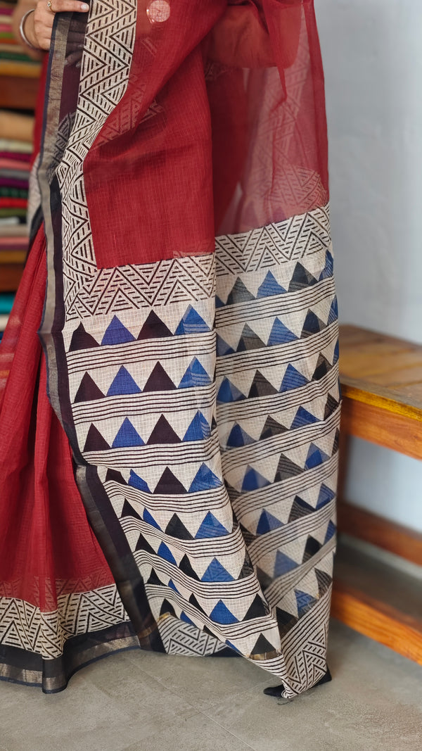 SQ39 - Maroon and Black Hand Block Printed Kota Doria Saree