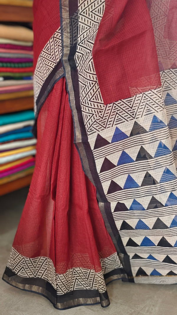SQ39 - Maroon and Black Hand Block Printed Kota Doria Saree