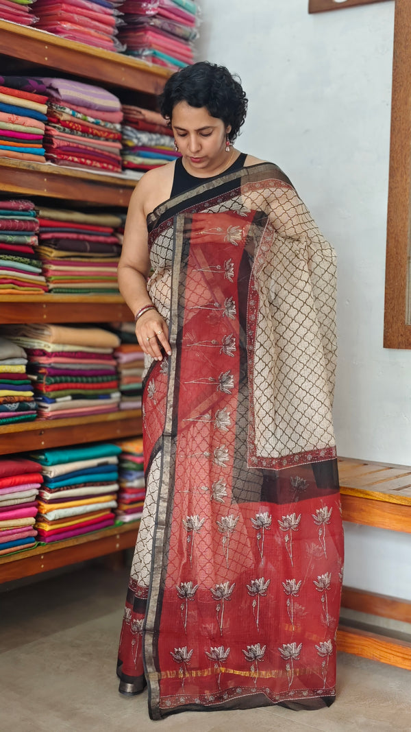 SQ39 - Cream and Red Hand Block Printed Kota Doria Saree