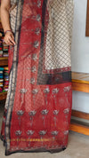SQ39 - Cream and Red Hand Block Printed Kota Doria Saree
