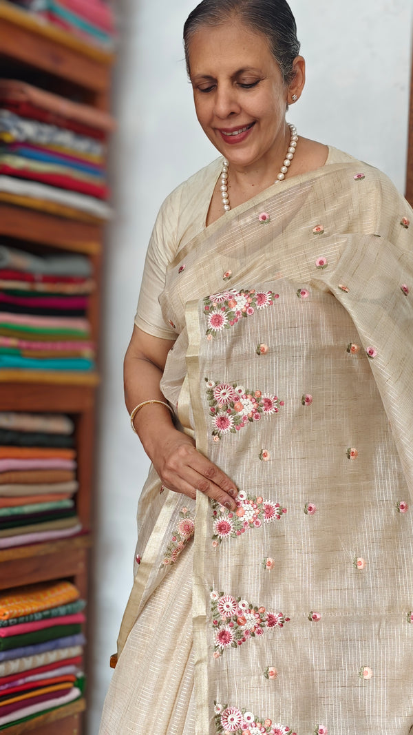 Light Beige Tissue Kota Embroidered Saree