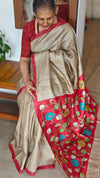 Beige Desi tussar Silk Saree with Kalamkari Pallu
