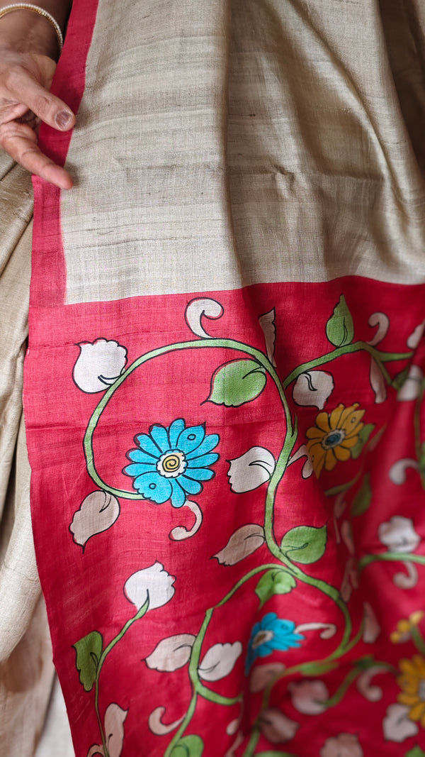 Beige Desi tussar Silk Saree with Kalamkari Pallu