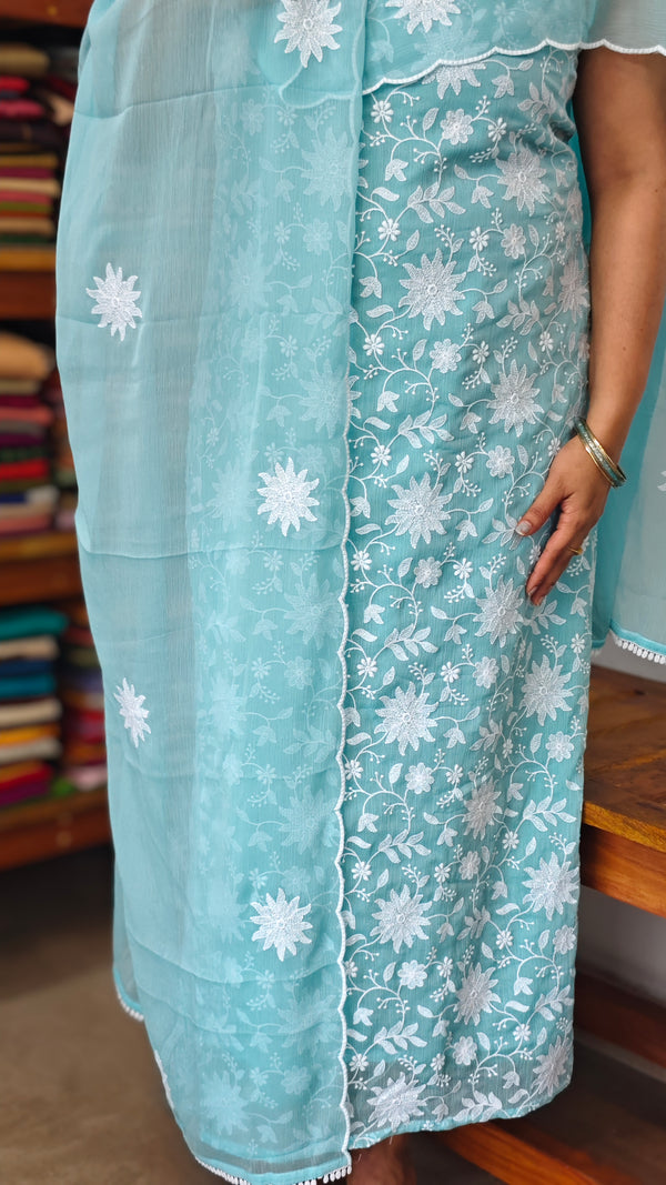 Sky Blue Embroidered Crushed Organza Suit - 20442