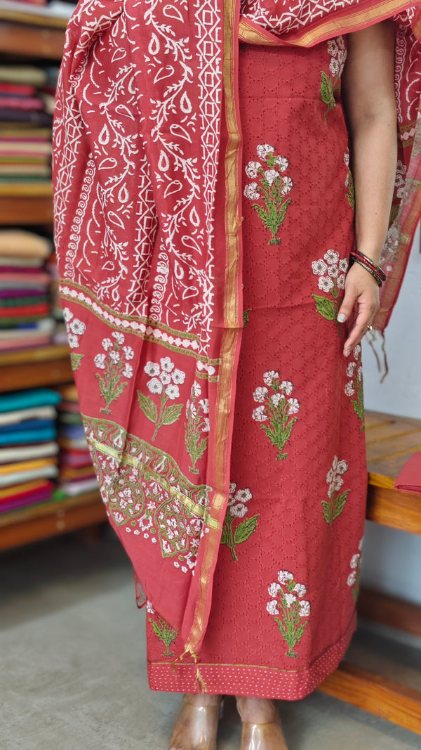 Brick Red Block Printed Cotton Hakoba Suit - 1921