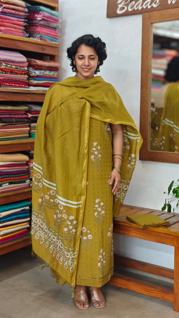 Mustard Green Block Printed Cotton Hakoba Suit - 1921