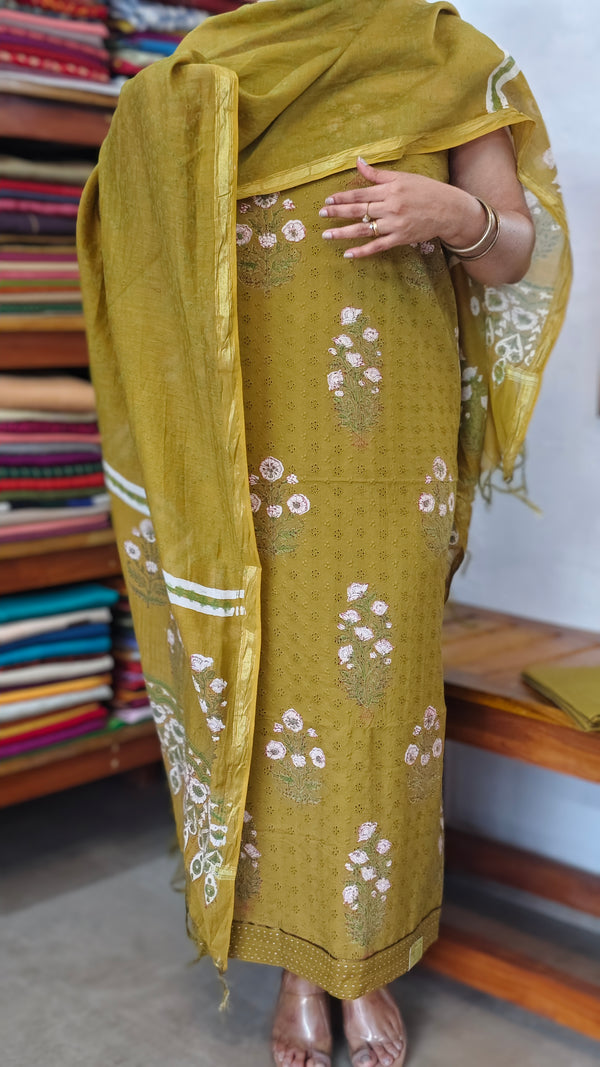 Mustard Green Block Printed Cotton Hakoba Suit - 1921