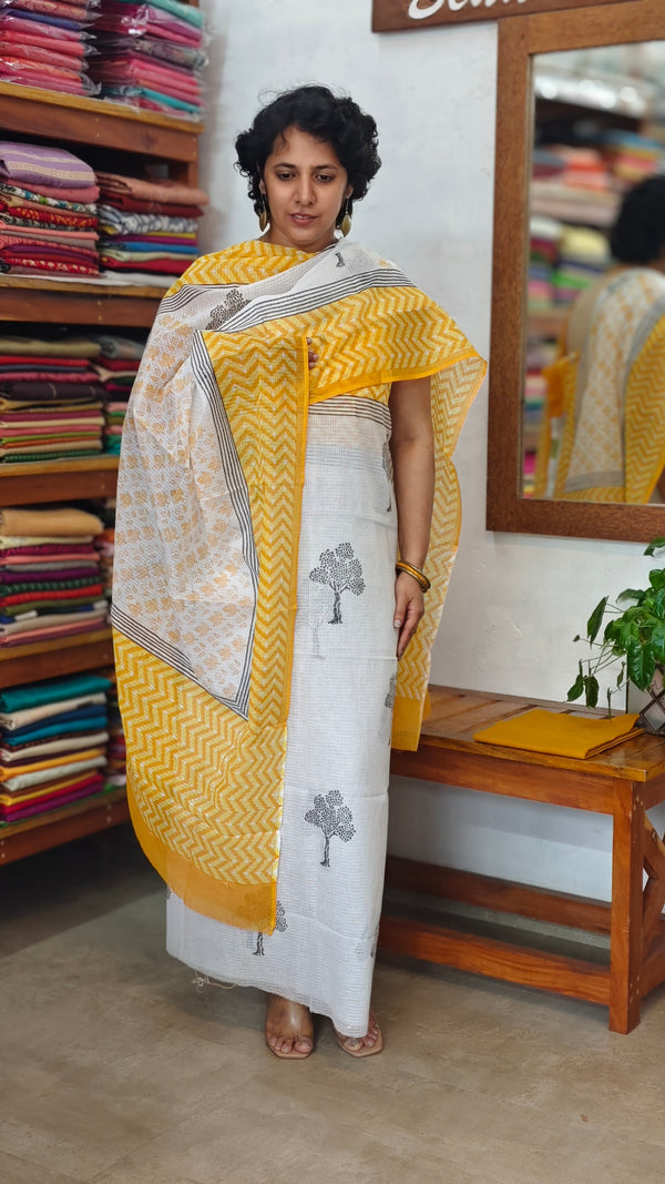 3721 - White and Yellow Block Printed Kota suit