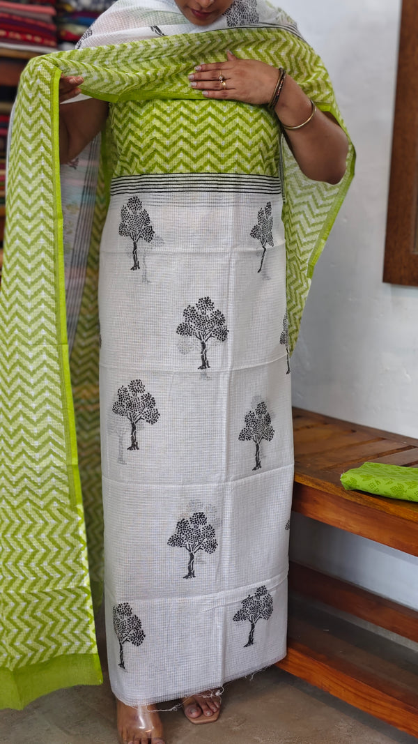 3721 - White and Green Block Printed Kota Suit
