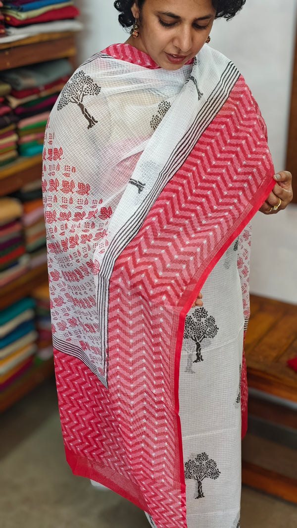 3721 - White and Red Block Printed Kota suit