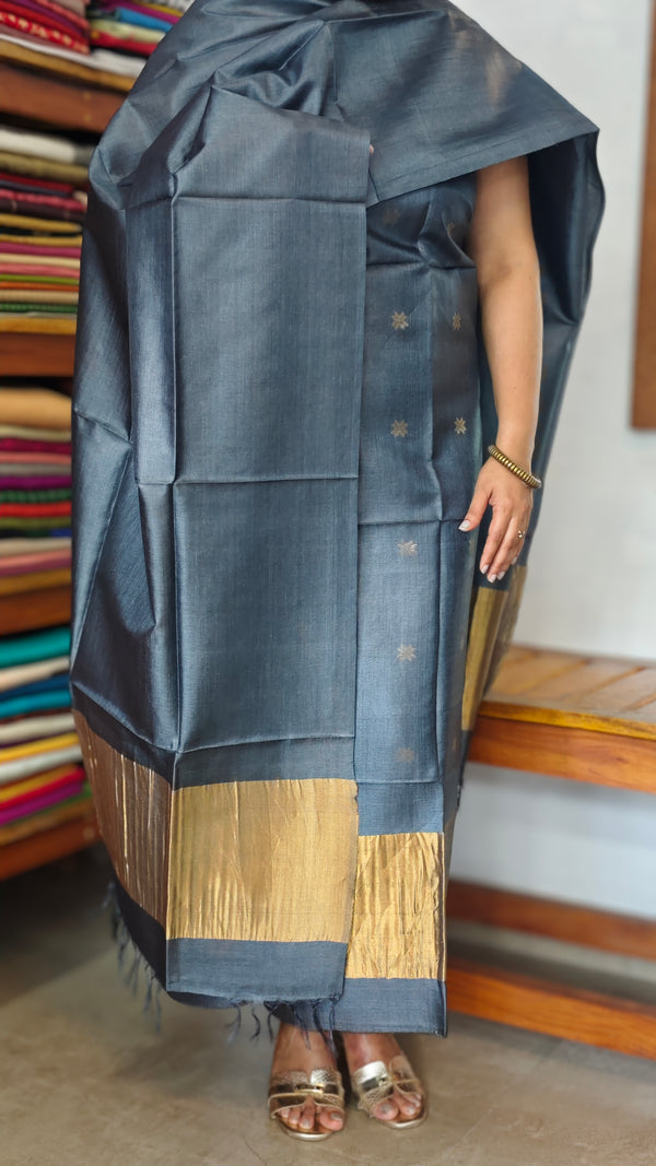 Bluish Grey and Gold Tussar Silk Suit - EN08