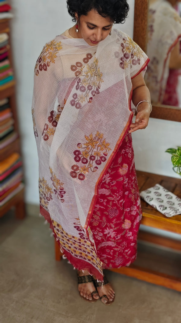 Reddish Pink Floral Printed Kota Doria Suit - GD331
