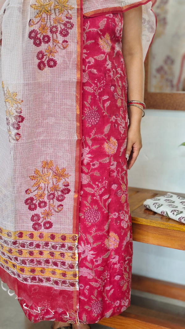 Reddish Pink Floral Printed Kota Doria Suit - GD331