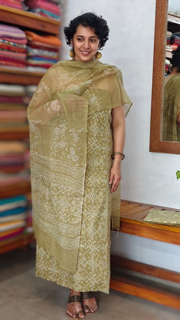 Olive Green Block Printed Kota Doria Suit - GD331