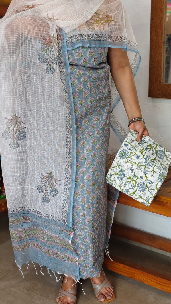 Blue and White Block Printed Kota Doria Suit - GD331
