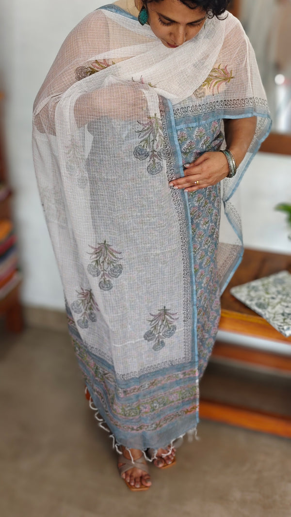 Blue and White Block Printed Kota Doria Suit - GD331