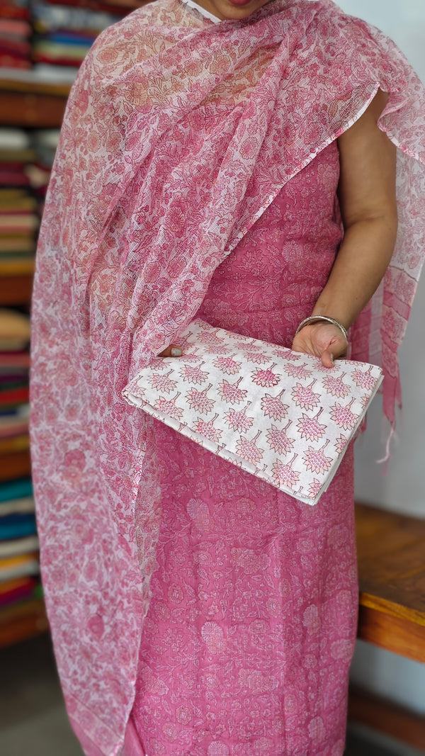 Pink and white Block Printed Kota Doria Suit - GD331