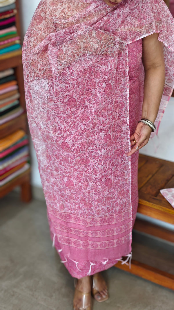 Pink and white Block Printed Kota Doria Suit - GD331