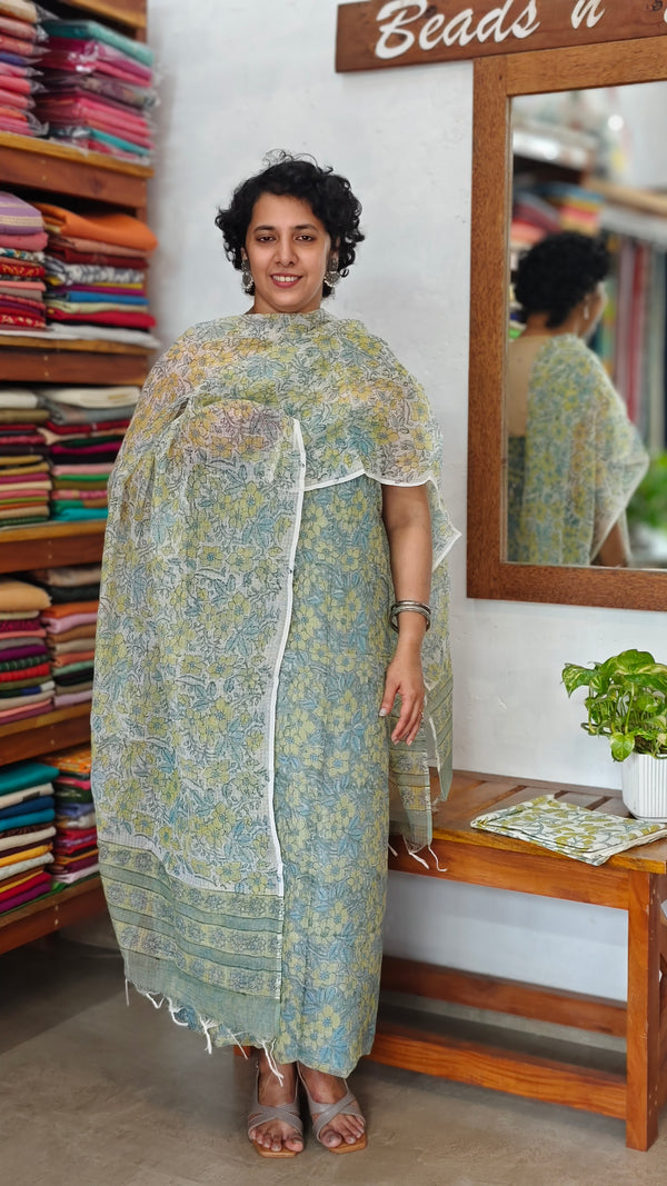 Teal Block Printed Kota Doria Suit - GD331