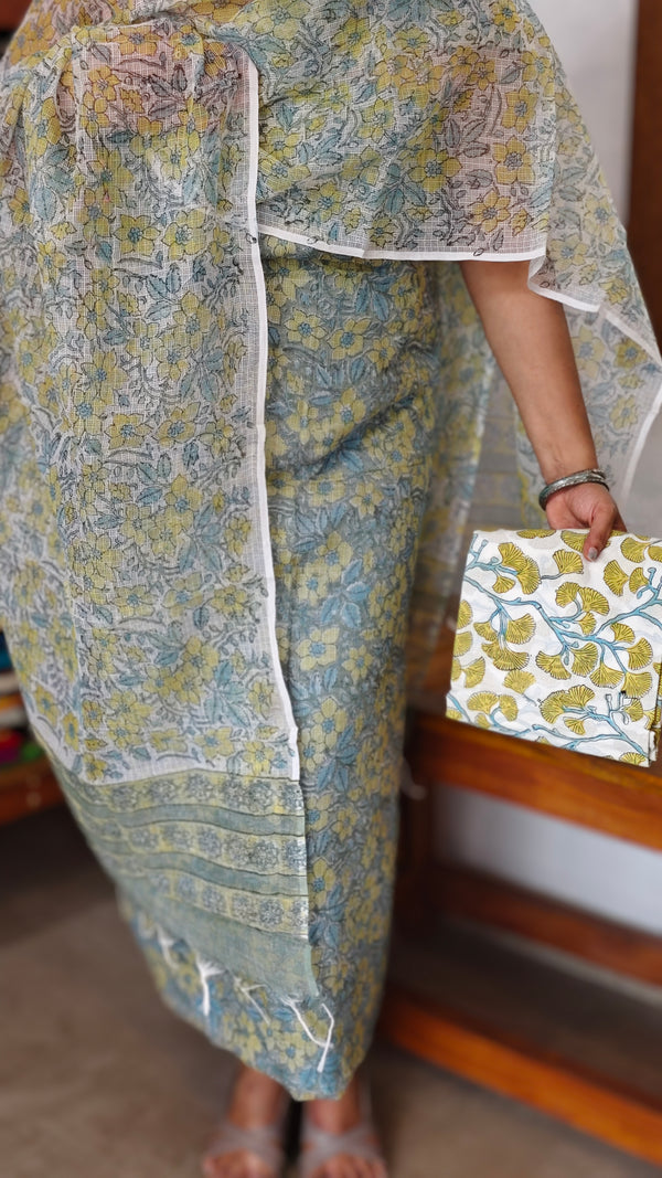 Teal Block Printed Kota Doria Suit - GD331