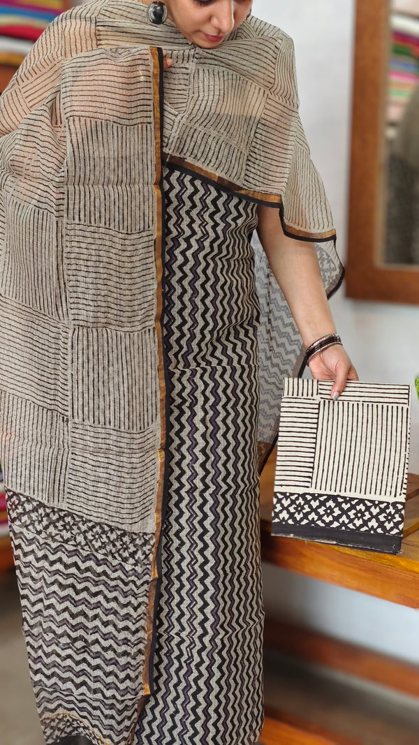 Black and Beige Block Printed Kota Doria Suit - GD331