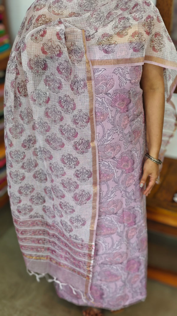 Lavender Block Printed Kota Doria Suit - GD331