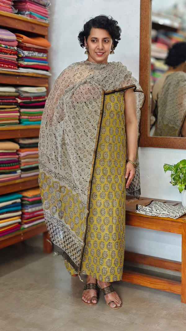 Mustard and Beige Block Printed Kota Doria Suit - GD331