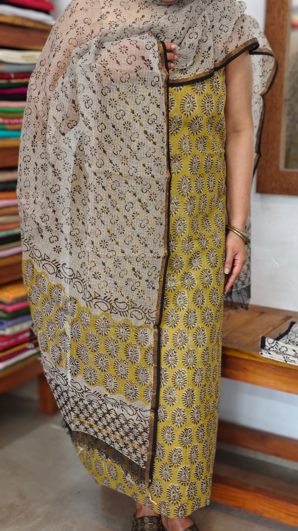 Mustard and Beige Block Printed Kota Doria Suit - GD331