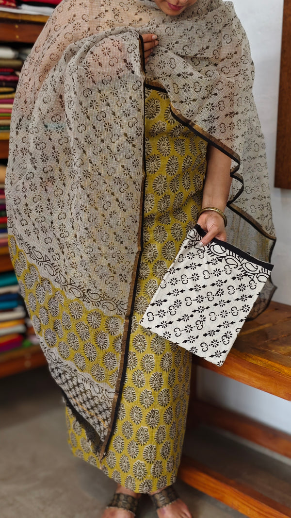 Mustard and Beige Block Printed Kota Doria Suit - GD331