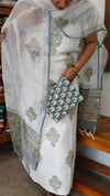 White and Green Block Printed Kota Doria Suit - GD331