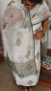 White and Green Block Printed Kota Doria Suit - GD331