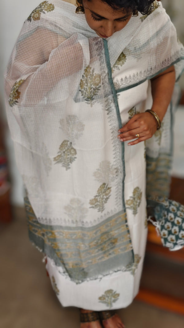White and Green Block Printed Kota Doria Suit - GD331