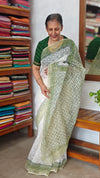 Cream and Green Block Printed Tepchi Kota Saree - B62N
