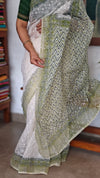Cream and Green Block Printed Tepchi Kota Saree - B62N
