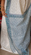 Cream and Blue Block Printed Tepchi Kota Saree - B62N