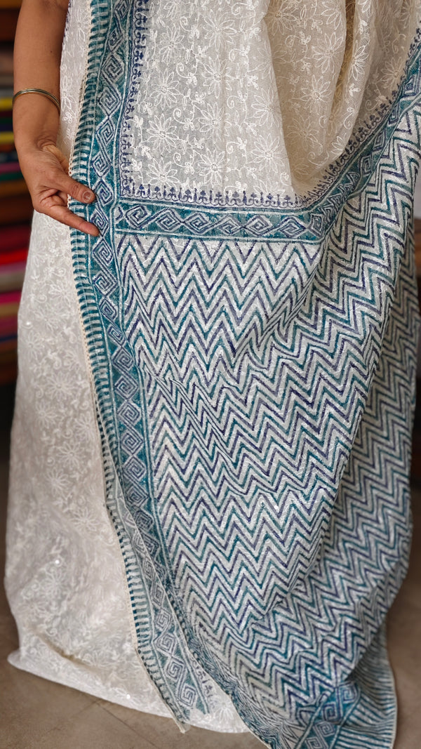 Cream and Blue Block Printed Tepchi Kota Saree - B62N