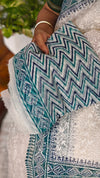 Cream and Blue Block Printed Tepchi Kota Saree - B62N
