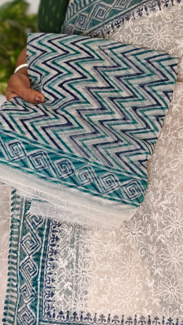 Cream and Blue Block Printed Tepchi Kota Saree - B62N