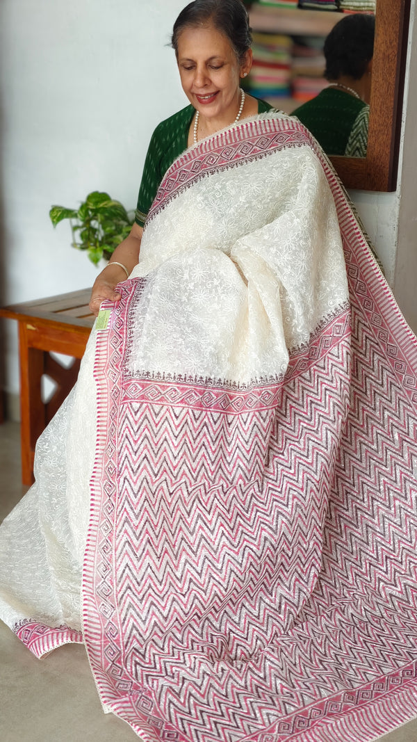 Cream and pink Block Printed Tepchi Kota Saree - B62N