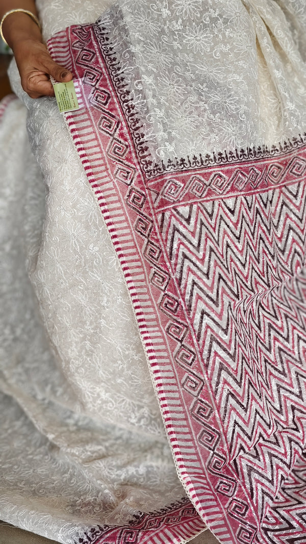 Cream and pink Block Printed Tepchi Kota Saree - B62N