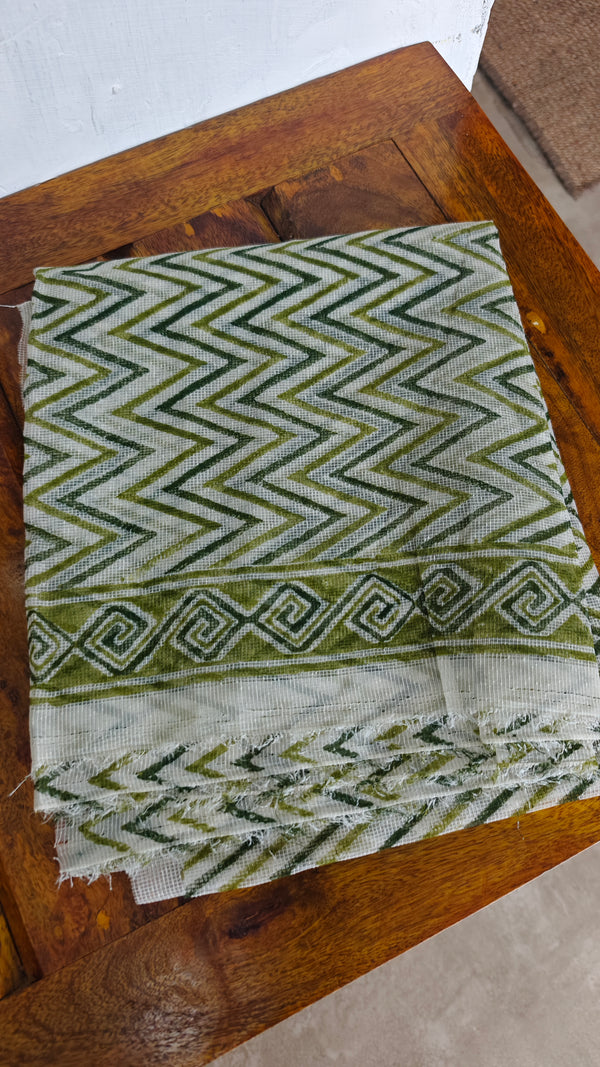 Cream and Green Block Printed Tepchi Kota Saree - B62N