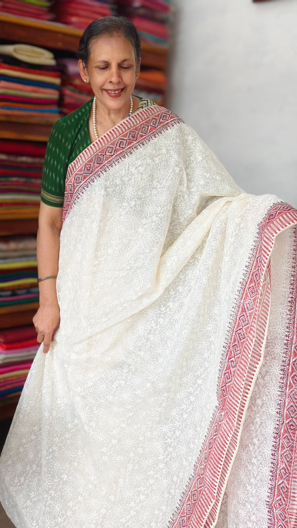 Cream and Brick Red Block Printed Tepchi Kota Saree - B62N