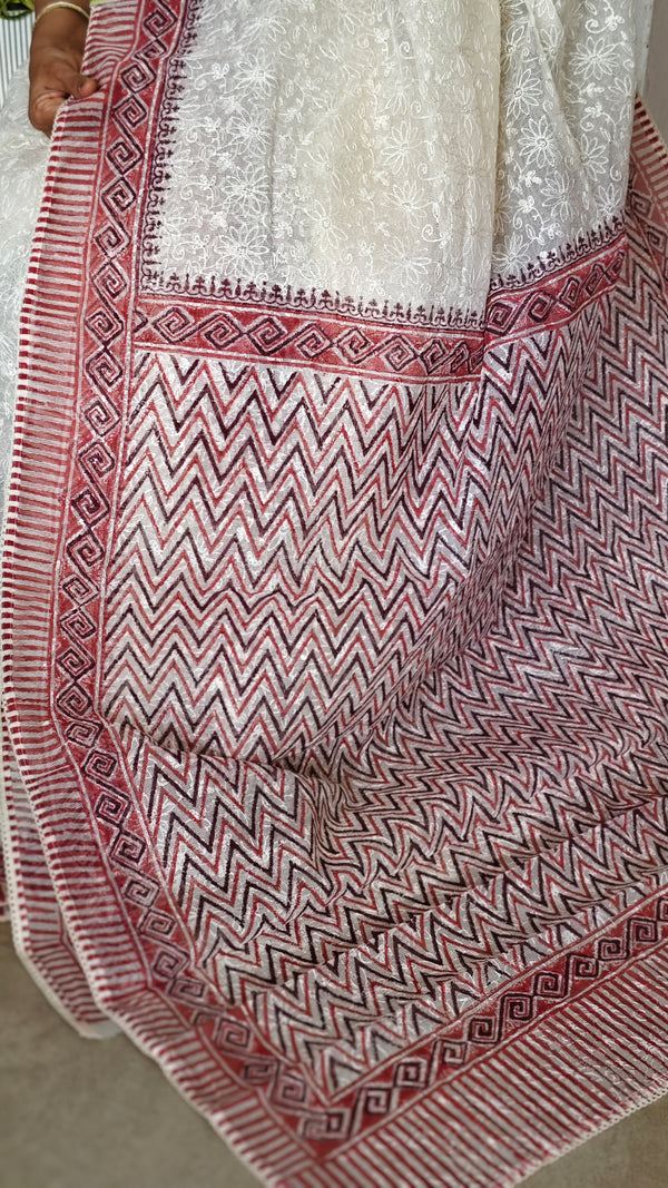Cream and Brick Red Block Printed Tepchi Kota Saree - B62N