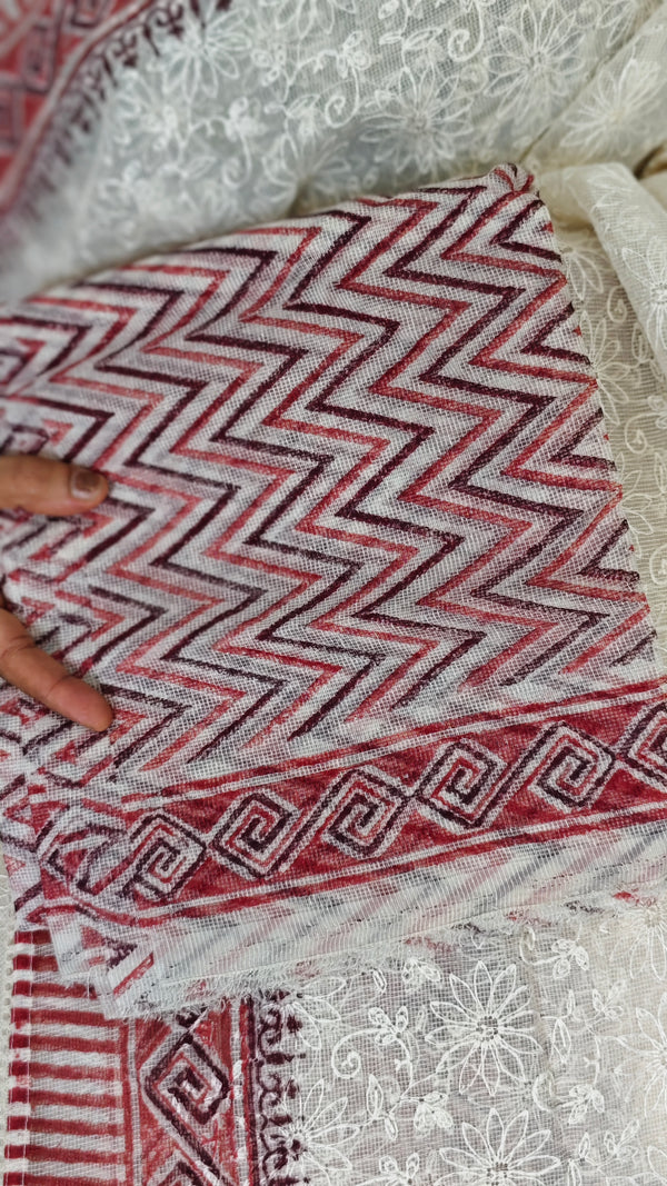 Cream and Brick Red Block Printed Tepchi Kota Saree - B62N