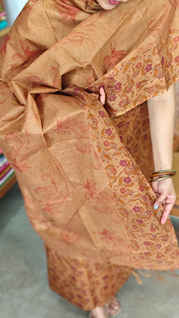 Mustard Floral Printed Noil Tussar Silk Suit - AS56 - 1
